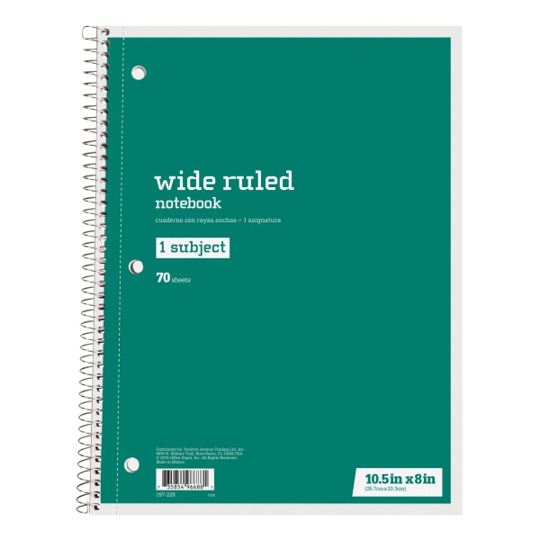 slide 1 of 1, Just Basics Spiral Notebook, 7-1/2" X 10-1/2", Wide Ruled, 140 Pages (70 Sheets), Green, 70 ct