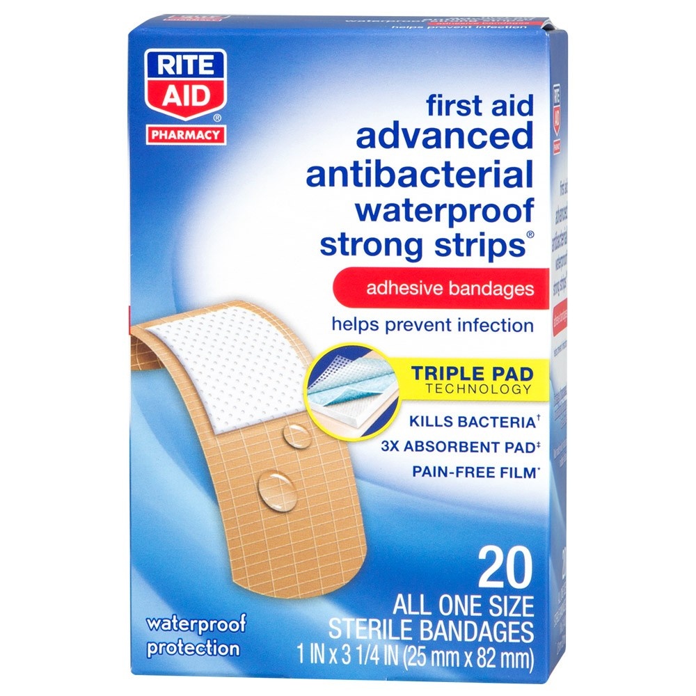 slide 1 of 1, Rite Aid First Aid Advanced Antibacterial Waterproof Strong Strips Adhesive Bandages, 20 ct