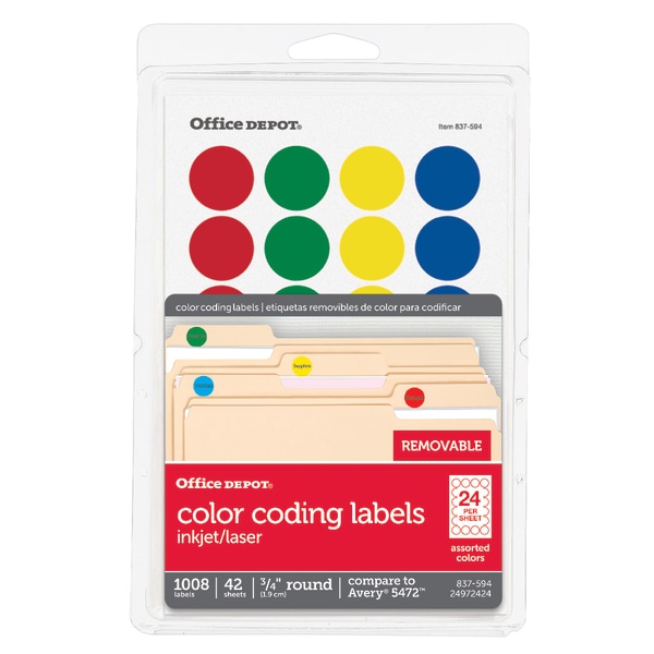 slide 1 of 2, Office Depot Brand Removable Round Color-Coding Labels, Od98785, 3/4'' Diameter, Assorted Colors, Pack Of 1,008, 1 ct