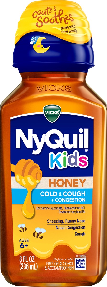 slide 2 of 2, Vicks Kids NyQuil Honey Cold & Cough + Congestion Relief for Nighttime Sneezing, Runny Nose, Nasal Congestion & Cough, Flavored with Real Honey, For Children Ages 6+, 8 FL OZ, 8 fl oz