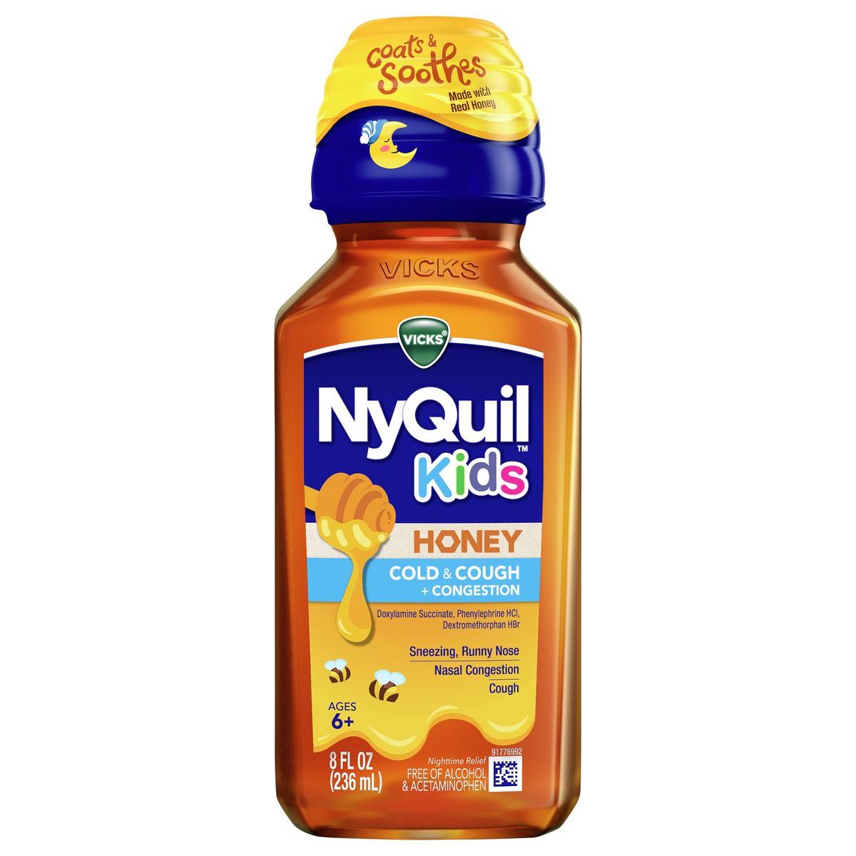 slide 1 of 2, Vicks Kids NyQuil Honey Cold & Cough + Congestion Relief for Nighttime Sneezing, Runny Nose, Nasal Congestion & Cough, Flavored with Real Honey, For Children Ages 6+, 8 FL OZ, 8 fl oz