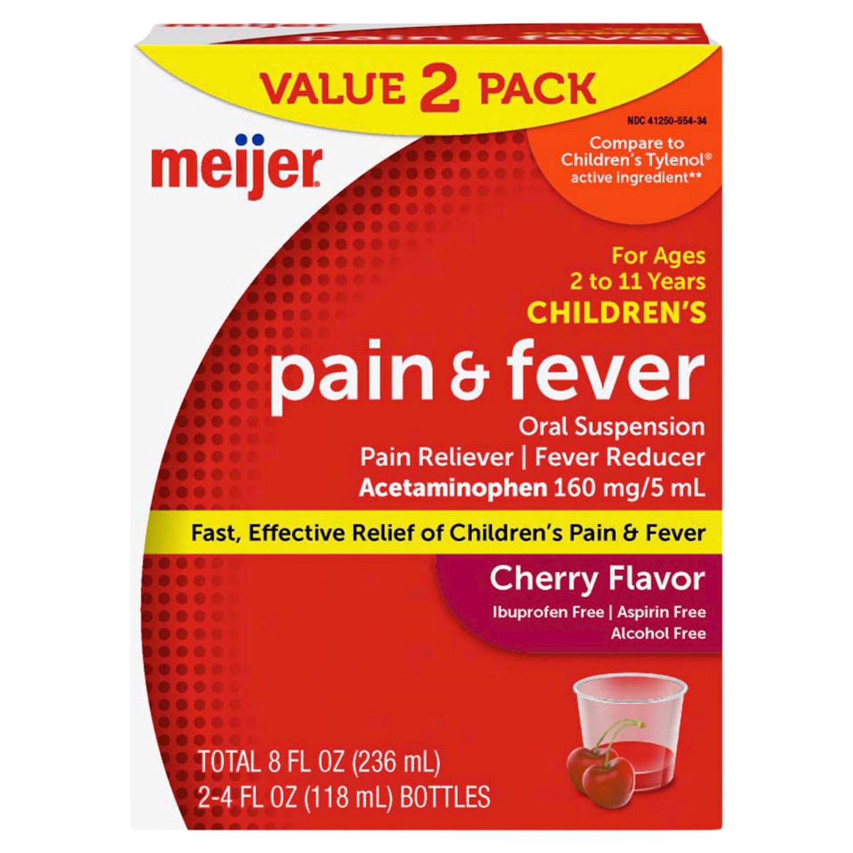 slide 1 of 29, Meijer Children's Pain & Fever Oral Suspension, Cherry, 160mg, 2 ct