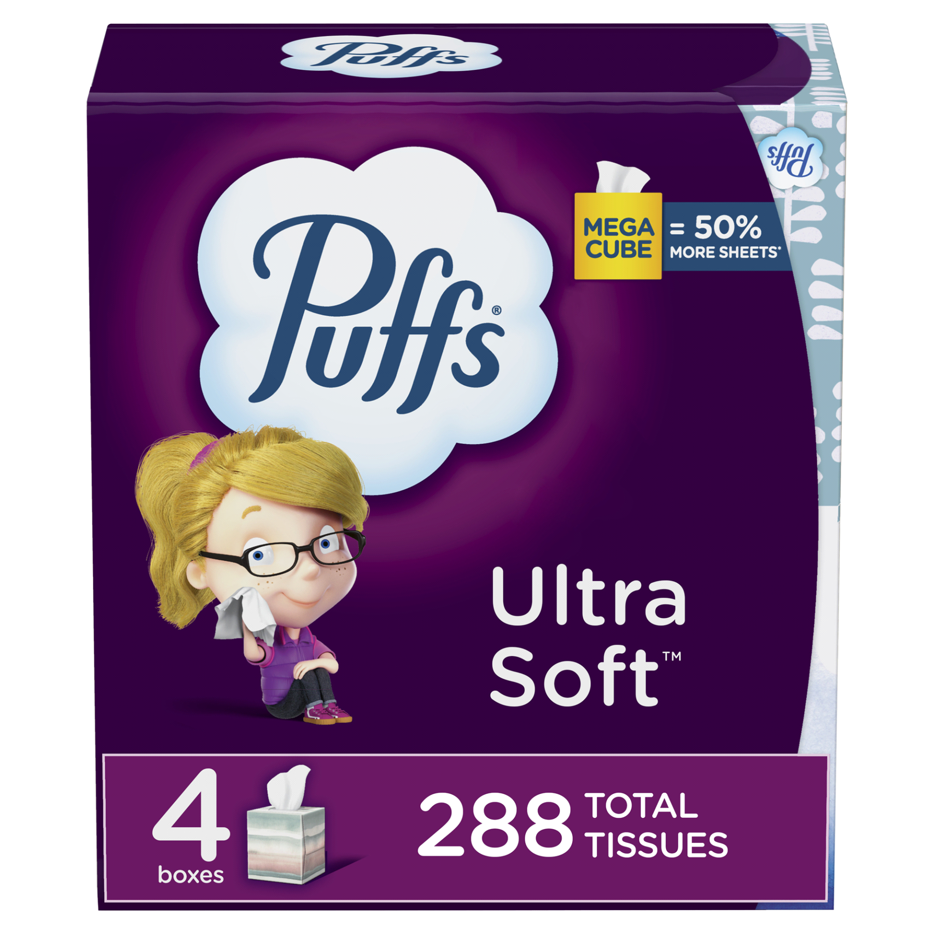 slide 1 of 1, Puffs Ultra Soft Non-Lotion Facial Tissue, 4 Mega Cubes, 288 ct