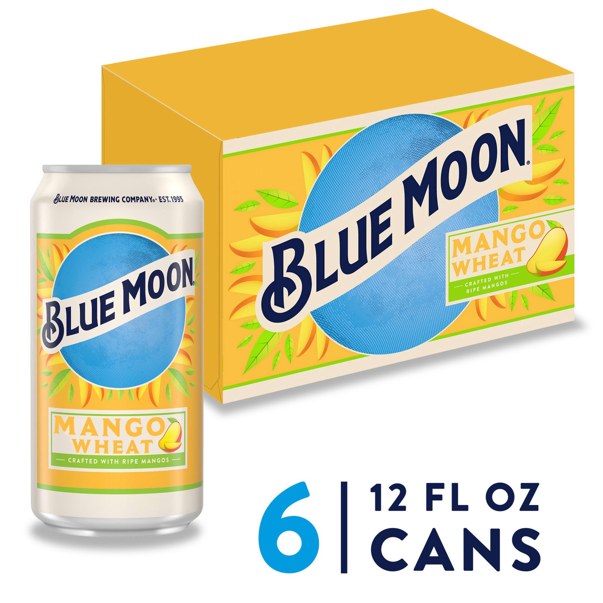 slide 1 of 5, Blue Moon Mango Wheat Ale Fruity Craft Beer, 5.4% ABV, 6-pack, 12-oz. beer cans, 72 fl oz