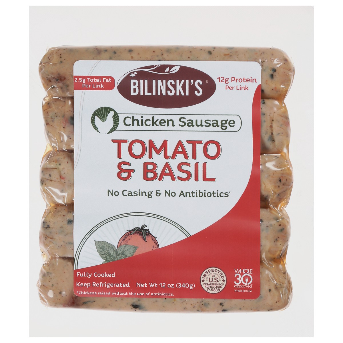 slide 1 of 9, Bilinski's Tomato & Basil Chicken Sausage 12 oz, 12 oz