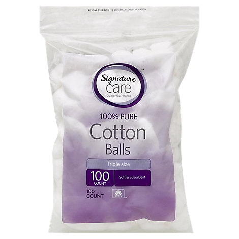 slide 1 of 1, Signature Care Cotton Balls 100% Pure Soft & Absorbent Triple Size, 100 ct