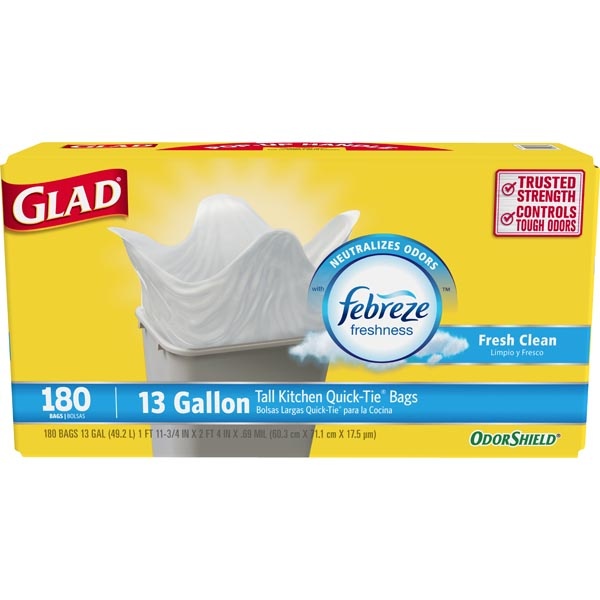 slide 1 of 1, Glad Tall Kitchen Quick Tie Bags, 180 ct