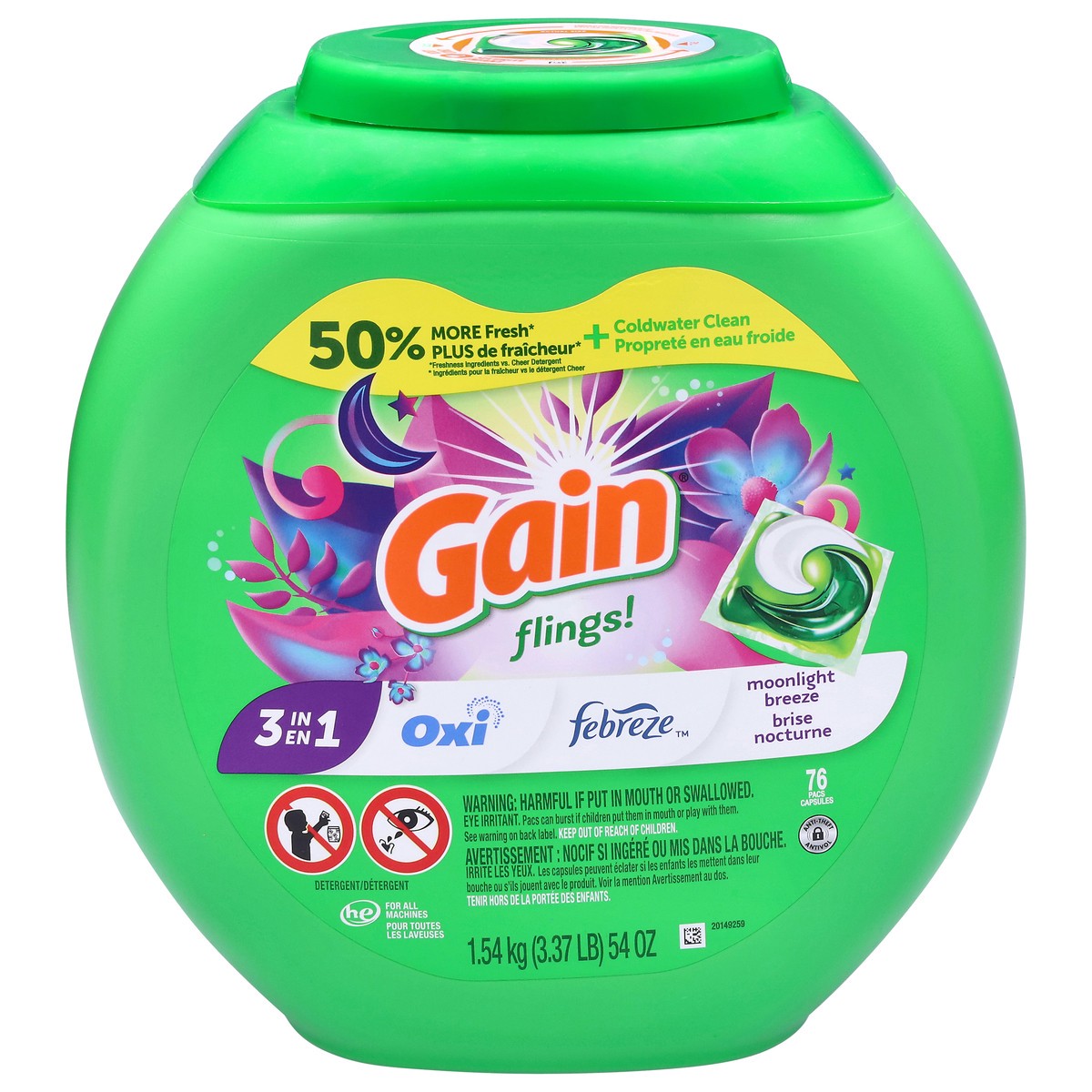 slide 3 of 4, Gain Flings! 3 in 1 Moonlight Breeze Detergent 76 Pacs, 76 ct
