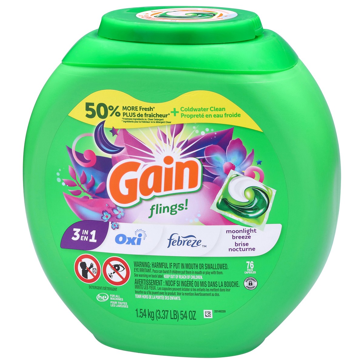slide 2 of 4, Gain Flings! 3 in 1 Moonlight Breeze Detergent 76 Pacs, 76 ct