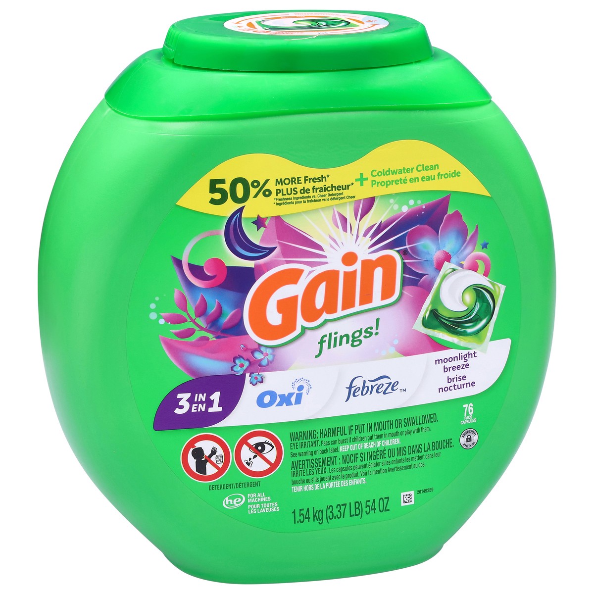 slide 4 of 4, Gain Flings! 3 in 1 Moonlight Breeze Detergent 76 Pacs, 76 ct