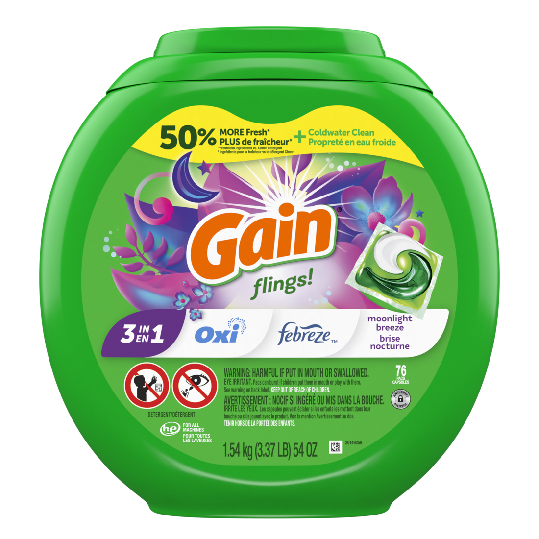 slide 1 of 6, Gain Flings Moonlight Breeze Liquid Laundry Detergent Soap Pacs, 76 ct