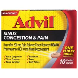 Advil Sinus Congestion and Pain, Sinus Medicine, Pain Reliever and Fever Reducer with Ibuprofen and Phenylephrine HCl - 10 Coated Tablets