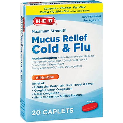 slide 1 of 1, H-E-B Maximum Strength Mucus Relief Cold & Flu All-In-One Caplets, 20 ct