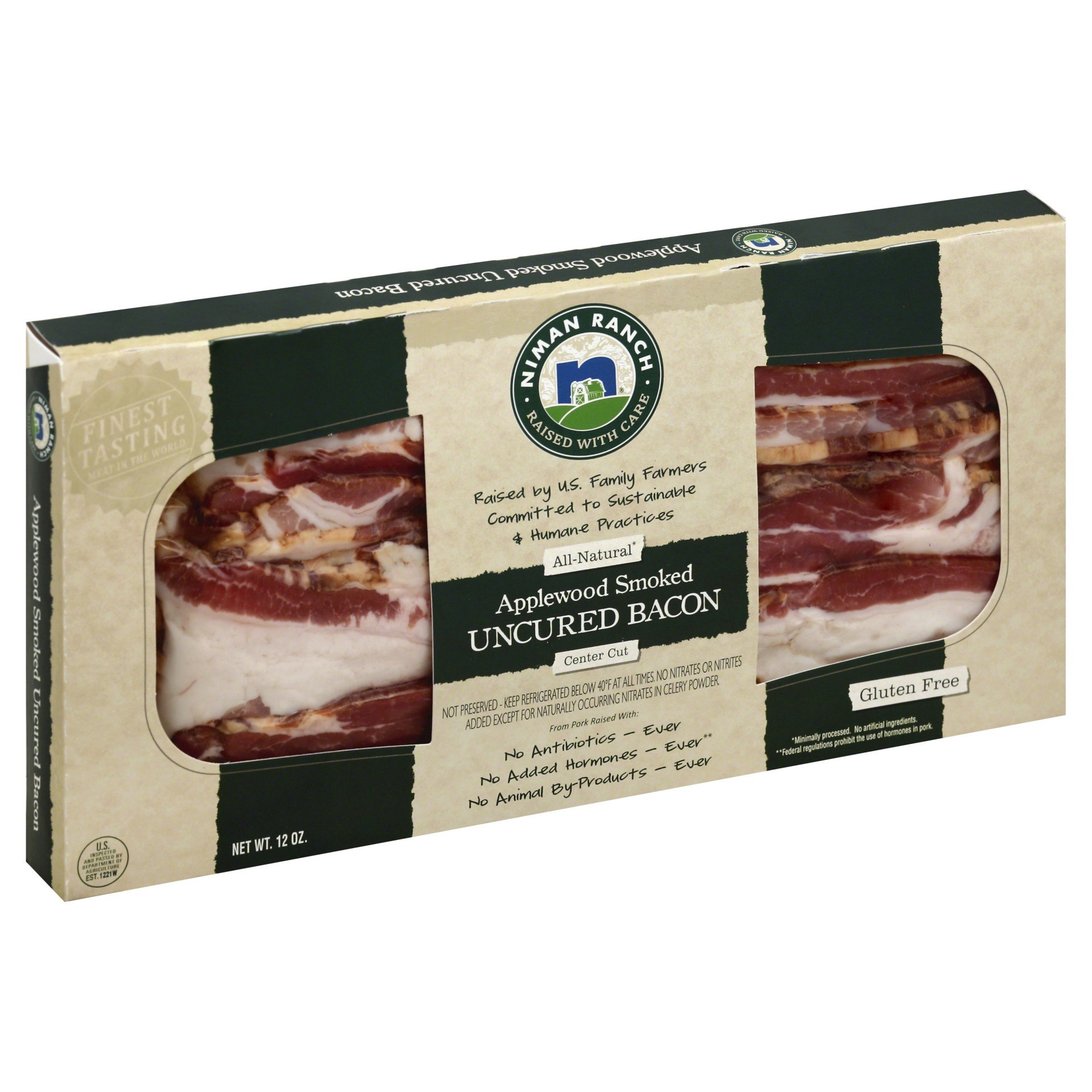 slide 1 of 1, Niman Ranch Uncured Applewood Smoked Center Cut Bacon, 12 oz