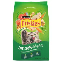 Purina Friskies Dry Cat Food Indoor Delights Flavors of Chicken, Salmon, Peas, and Carrots