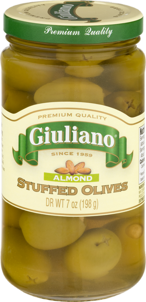 slide 1 of 2, Giuliano Olives Stuffed With Almonds, 7 oz