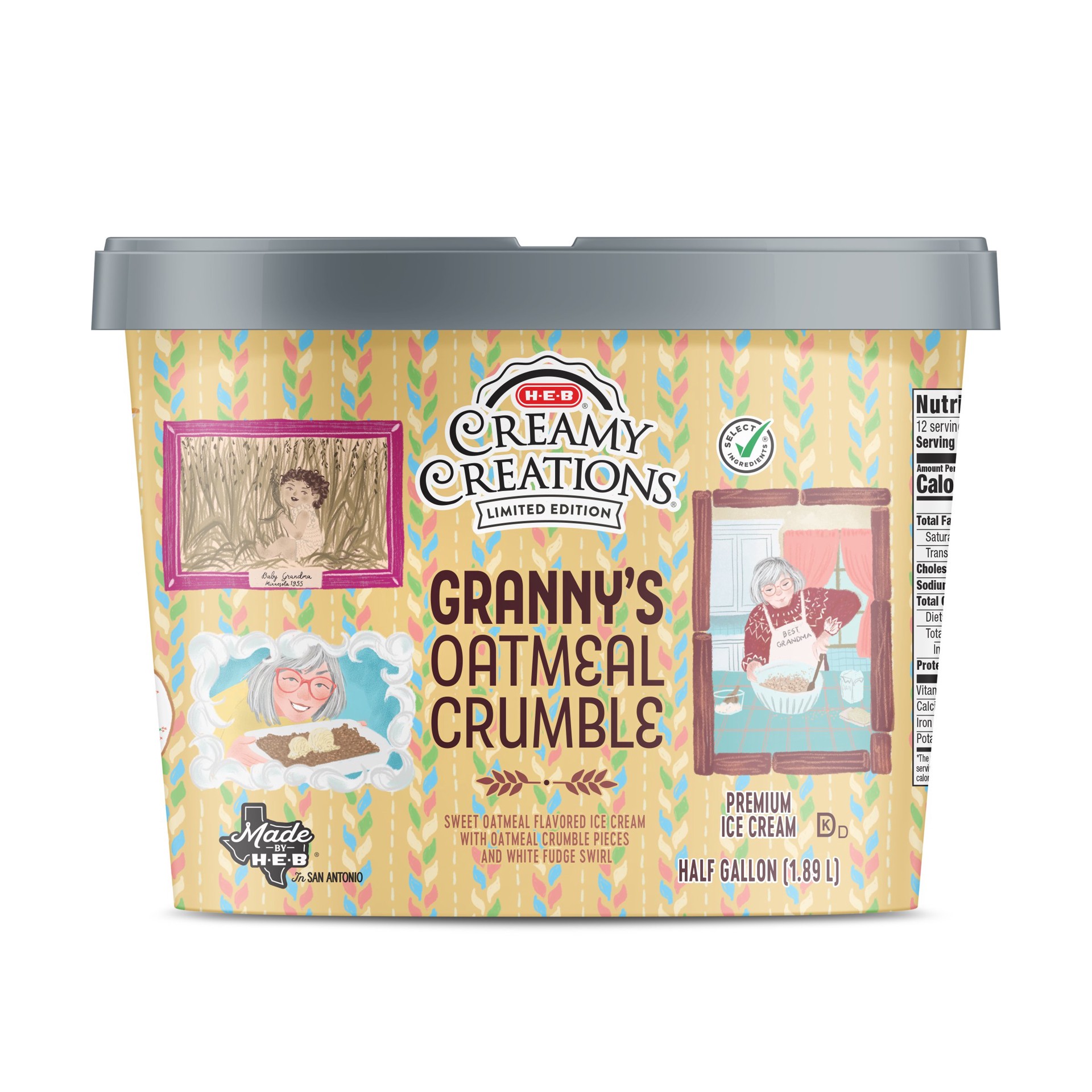 slide 1 of 1, H-E-B Creamy Creations Grannys Oatmeal Crumble Ice Cream, 1/2 gal