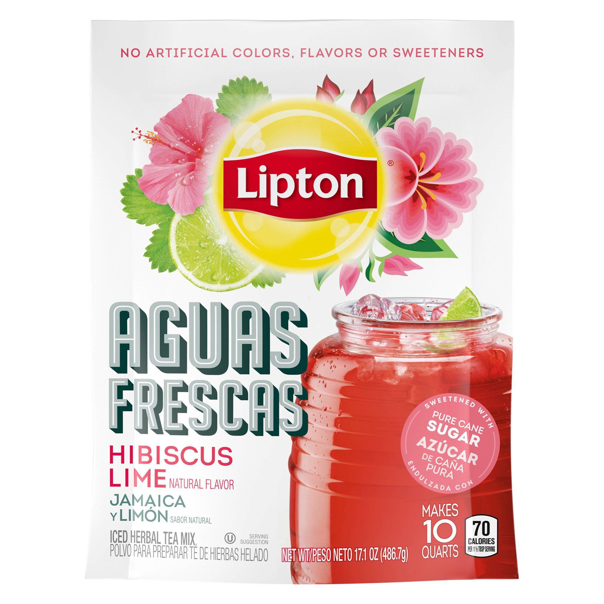 slide 1 of 1, Lipton Aguas Frescas Drink Mix Hibiscus Lime no artificial flavors or colors, 10 qt