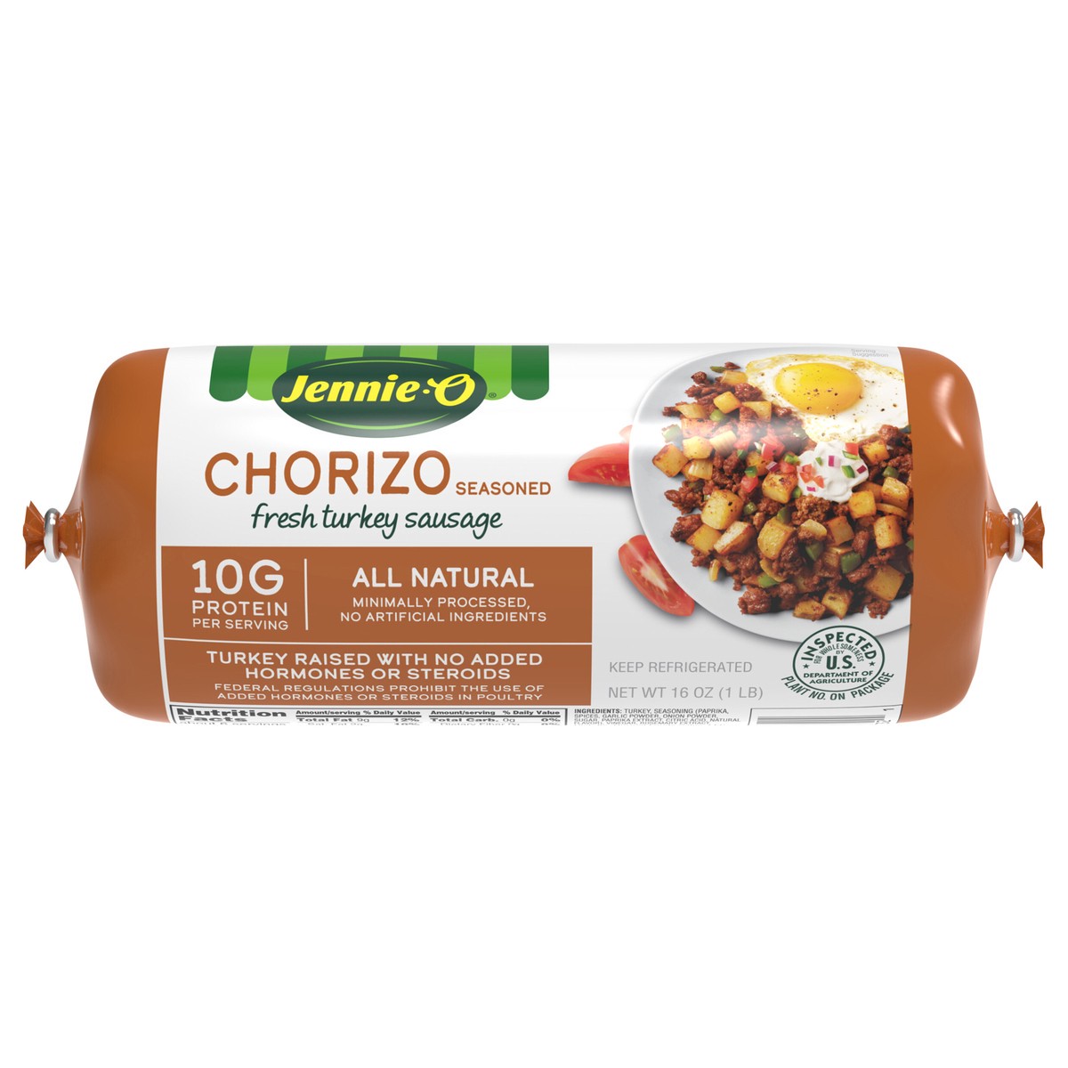 slide 1 of 12, JENNIE-O Chorizo Seasoned Ground Turkey Sausage - 1 lb. chub, 16 oz