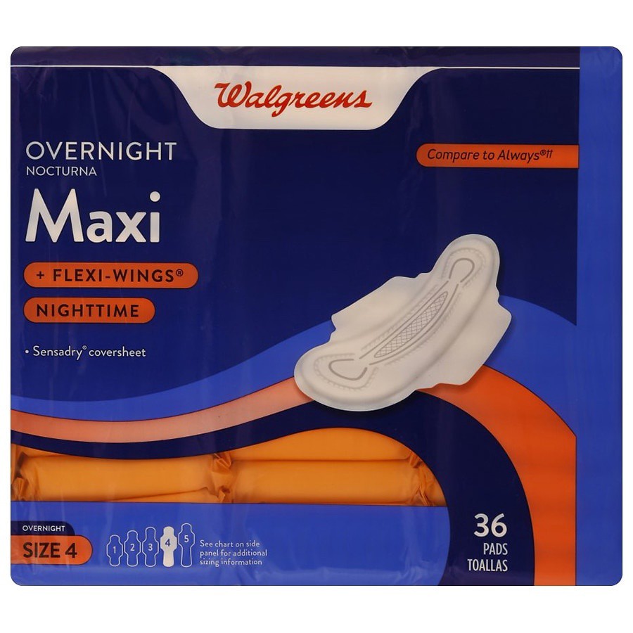 slide 1 of 5, Walgreens Overnight Maxi Pads With Flexible Wings, 36 ct