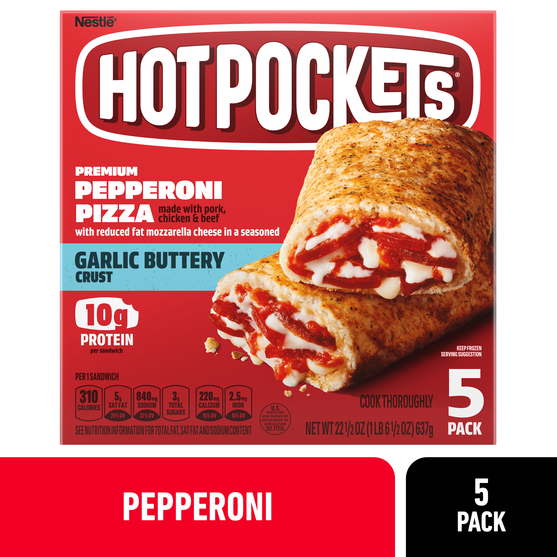 slide 1 of 3, Hot Pockets Pepperoni Pizza Garlic Buttery Crust Frozen Snacks, Pizza Snacks Made with Mozzarella Cheese, 5 Count Frozen Sandwiches, 1.41 lb