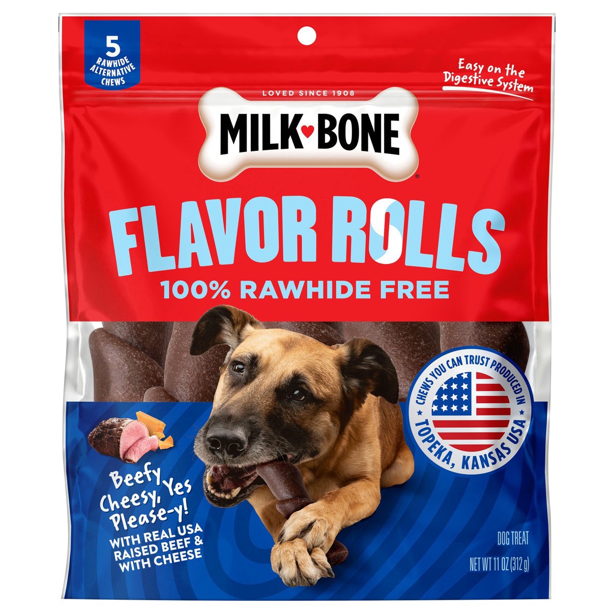 slide 10 of 13, Milk-Bone Flavor Rolls Beefy Cheesy, Yes Please-y! Rawhide Free Dog Treat With Beef, 5-Count Bag, 11 oz