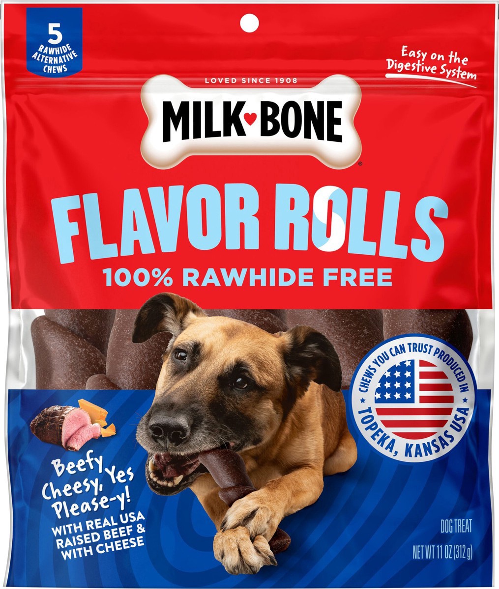 slide 8 of 13, Milk-Bone Flavor Rolls Beefy Cheesy, Yes Please-y! Rawhide Free Dog Treat With Beef, 5-Count Bag, 11 oz