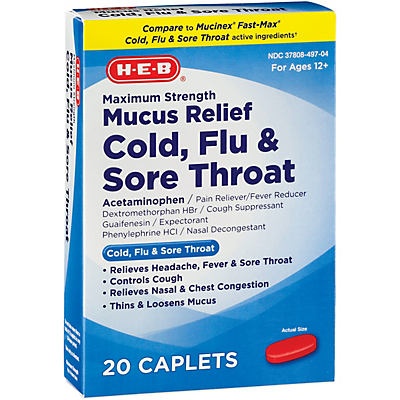 slide 1 of 1, H-E-B Maximum Strength Mucus Relief Cold Flu & Sore Throat Caplets, 20 ct