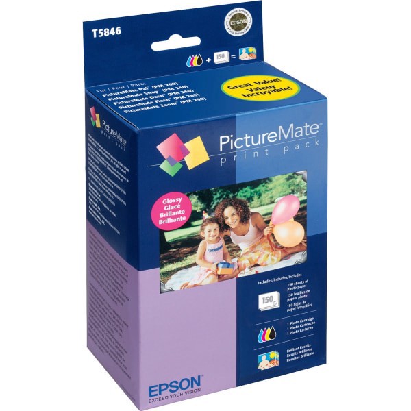 slide 2 of 2, Epson® T584 PictureMate Tri-Color Ink Cartridge And 100-Sheet Glossy Paper Print Pack, T5846, 1 ct