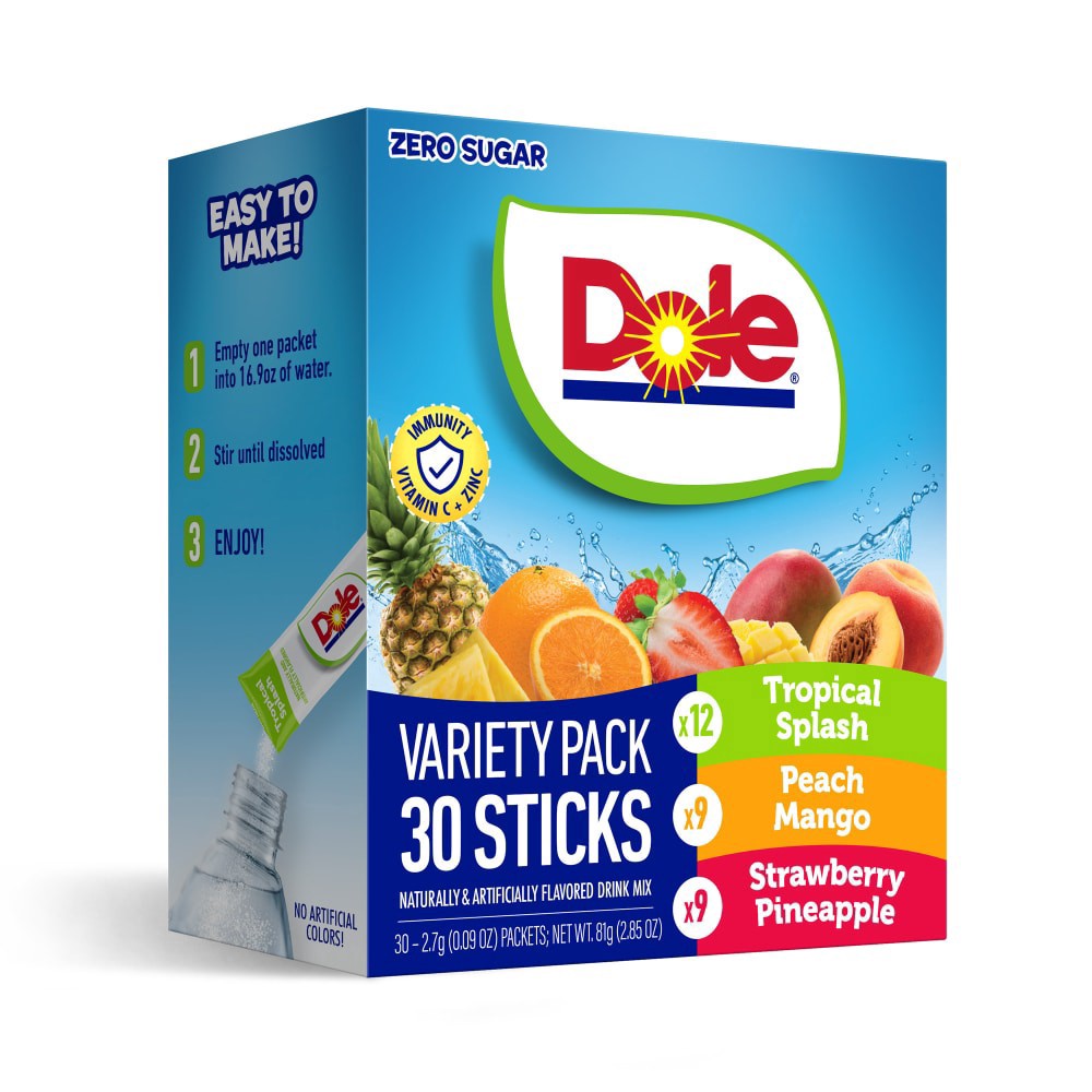 slide 1 of 2, Dole Zero Sugar Tropical Splash Peach Mango & Strawberry Pineapple Water Enhancer Variety Pack, 30 ct