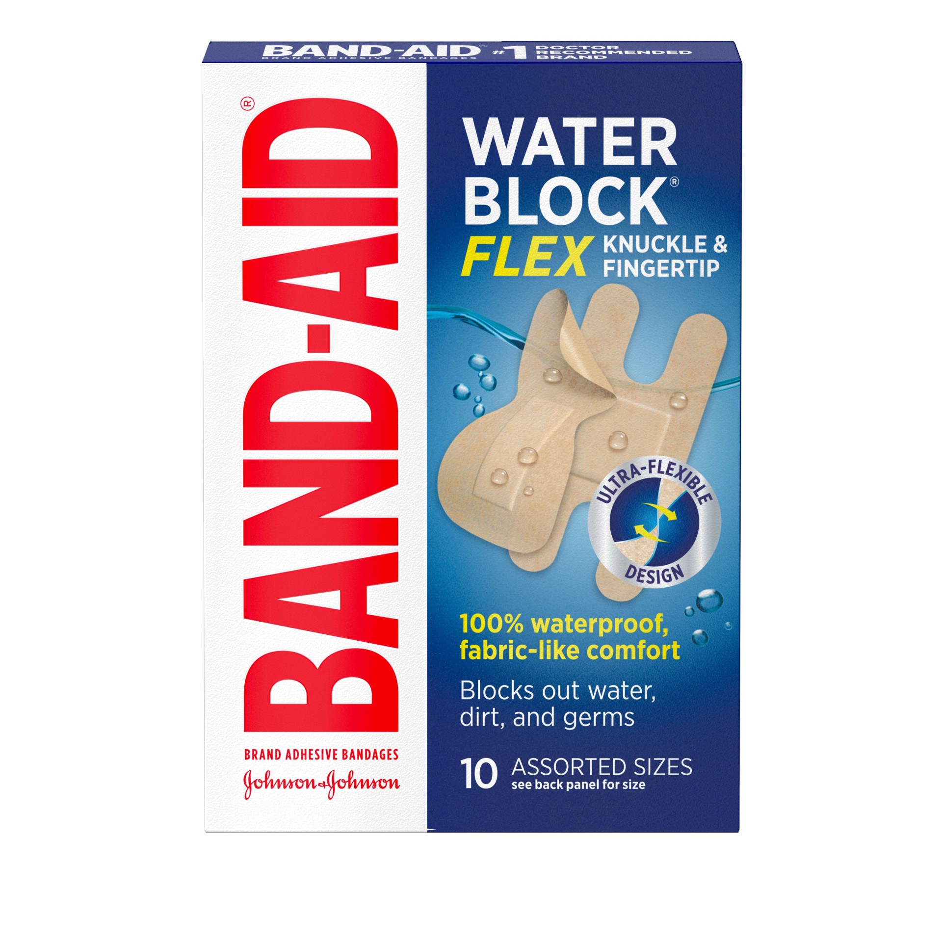 slide 1 of 8, BAND-AID Water Block Flex 100% Waterproof Adhesive Bandages for Knuckles & Fingertips, FirstAid Wound Care of Minor Cuts, Scrapes & Wounds, Ultra-Flexible Design, Assorted, 10 ct, 10 ct