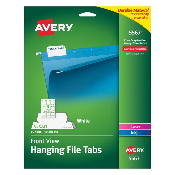 slide 1 of 3, Avery Top View Inkjet/Laser Hanging File Folder Tabs, 5567, 90 ct; 3 in x 1 1/4 in
