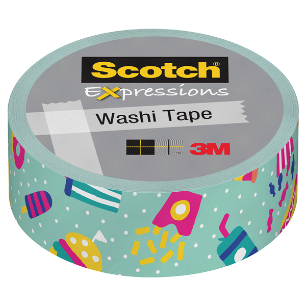 slide 1 of 1, Scotch Expressions Washi Tape, 0.59 in. x 393 in., Teal Junk Food, 1 ct