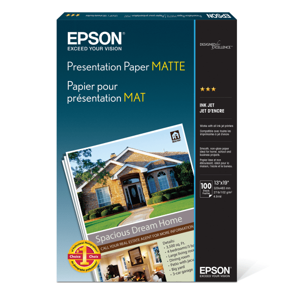 slide 1 of 2, Epson Presentation Paper, Matte, 13" X 19", 27 Lb, Pack Of 100 Sheets, 100 ct