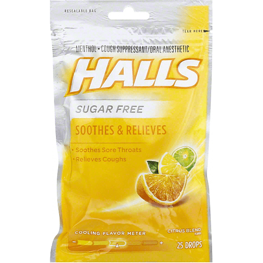 slide 1 of 7, Halls Relief Sugar Free Citrus Menthol Cough Drops, 25 ct
