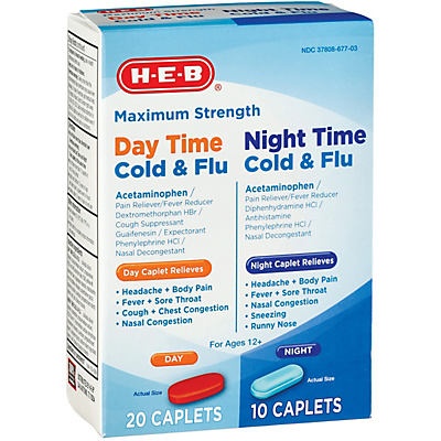 slide 1 of 1, H-E-B Maximum Strength Day Time & Night Time Cold and Flu Caplets, 30 ct