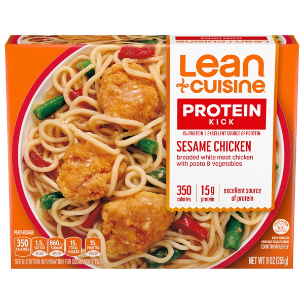 slide 1 of 9, Lean Cuisine Frozen Meal Sesame Chicken, Protein Kick Microwave Meal, Microwave Chicken Dinner, Frozen Dinner for One, 9 oz