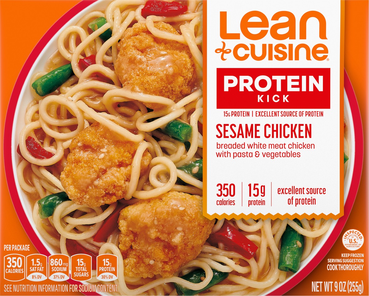 slide 4 of 9, Lean Cuisine Frozen Meal Sesame Chicken, Protein Kick Microwave Meal, Microwave Chicken Dinner, Frozen Dinner for One, 9 oz