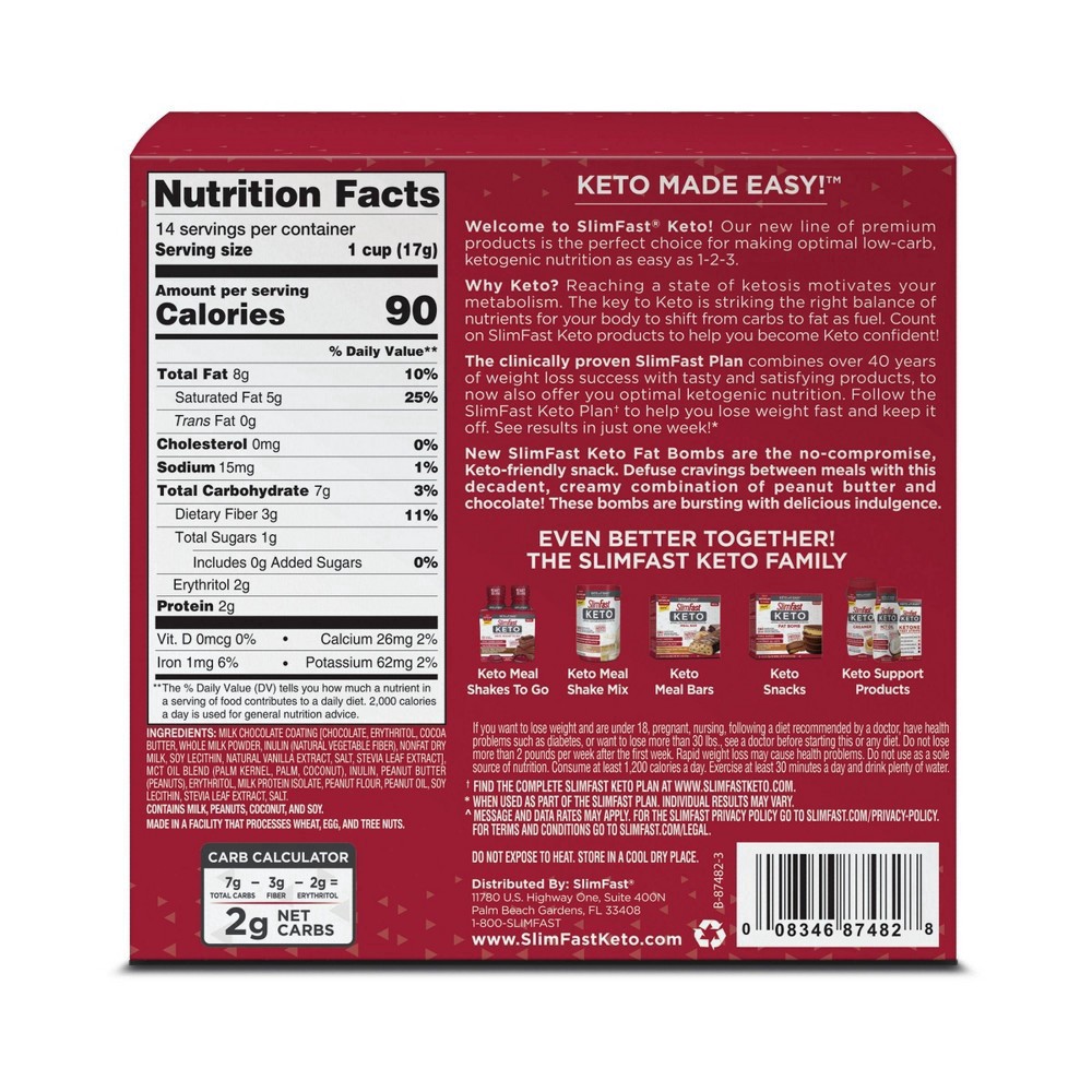 slide 3 of 3, SlimFast Keto Fat Bomb Peanut Butter Chocolate Snack Cup 14 Count, 14 ct