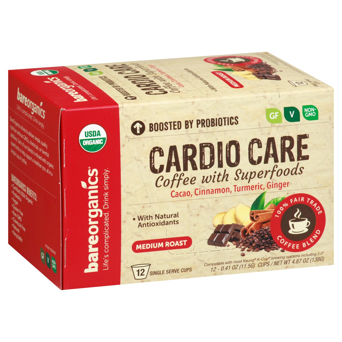 slide 9 of 10, BareOrganics Medium Roast Cardio Care Coffee with Superfoods Single Serve Cups - 12 ct, 12 ct