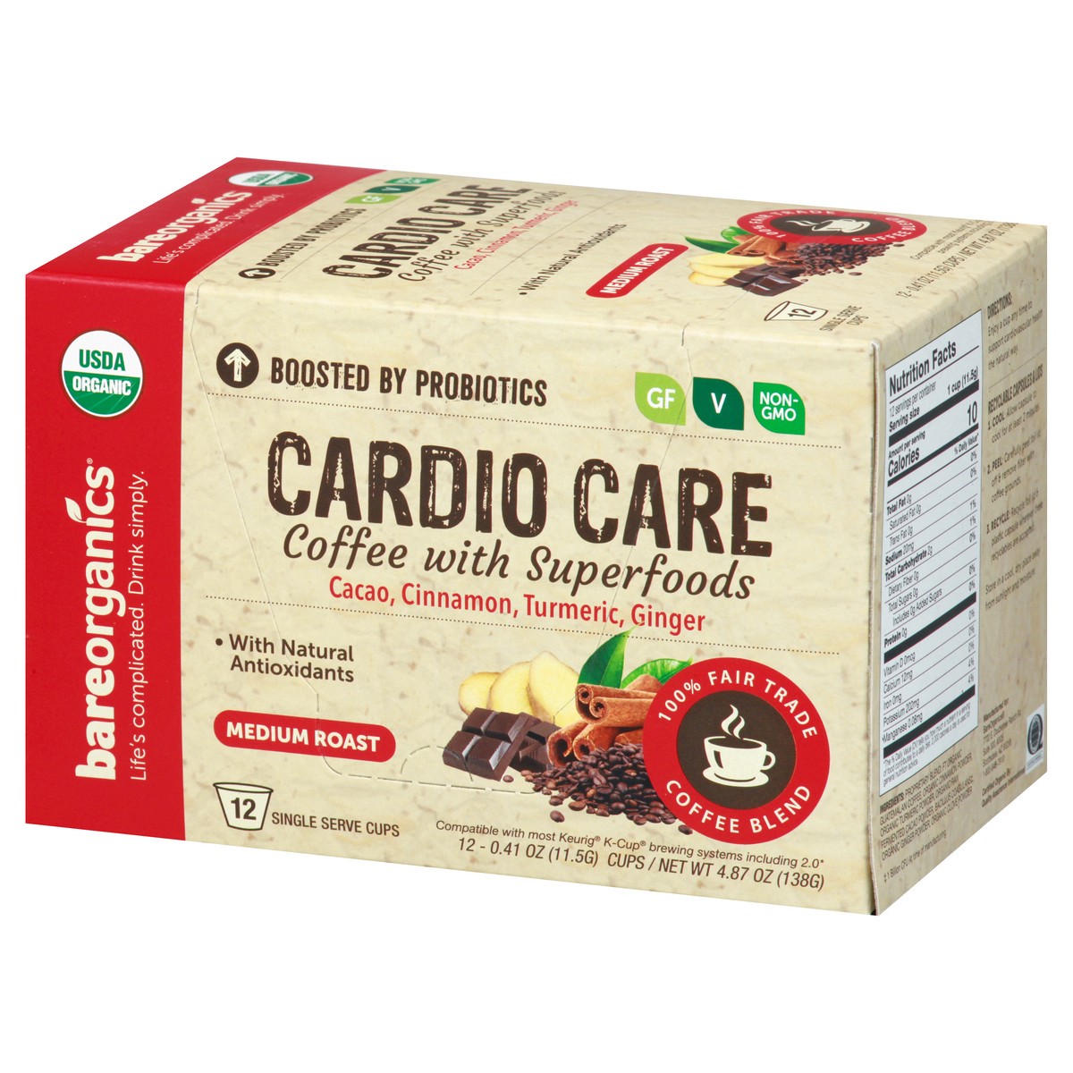 slide 3 of 10, BareOrganics Medium Roast Cardio Care Coffee with Superfoods Single Serve Cups - 12 ct, 12 ct
