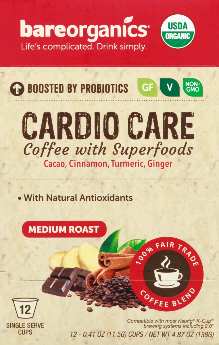 slide 8 of 10, BareOrganics Medium Roast Cardio Care Coffee with Superfoods Single Serve Cups - 12 ct, 12 ct