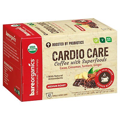slide 1 of 10, BareOrganics Medium Roast Cardio Care Coffee with Superfoods Single Serve Cups - 12 ct, 12 ct