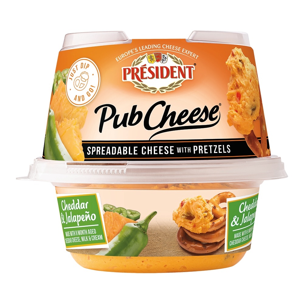 slide 1 of 1, Président Pub Cheese Cheddar & Jalapeno with Pretzels, 3 oz