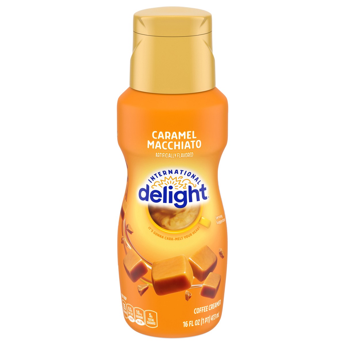 slide 1 of 5, International Delight Coffee Creamer, Caramel Macchiato, Refrigerated Flavored Creamer, 16 FL OZ Bottle, 16 fl oz