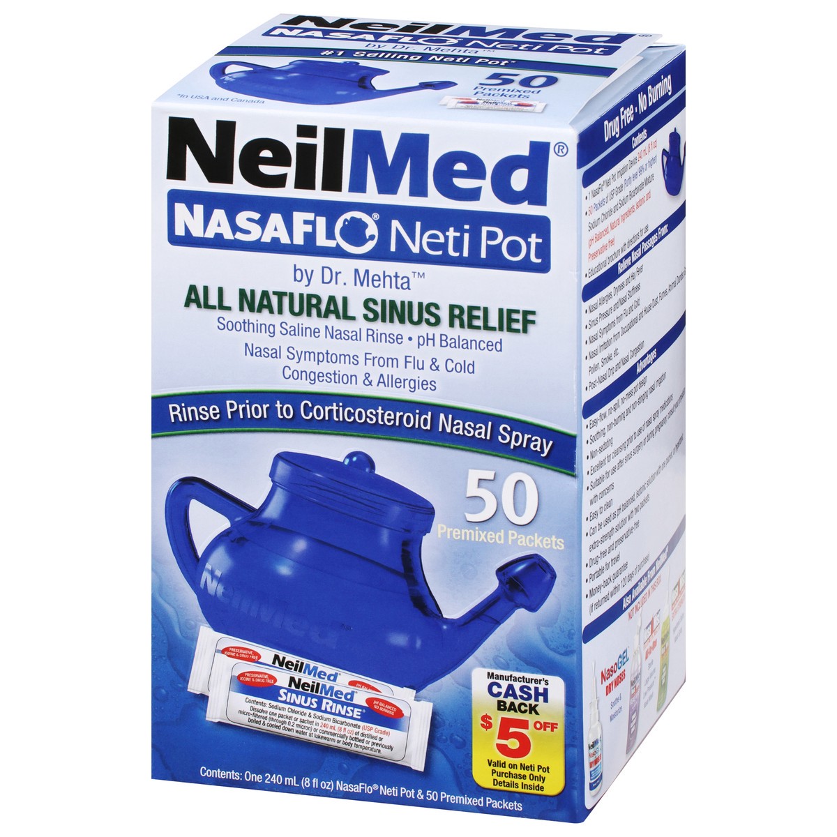 slide 3 of 9, NeilMed NasaFlo Neti Pot Sinus Relief with Premixed Packets - 50ct, 50 ct