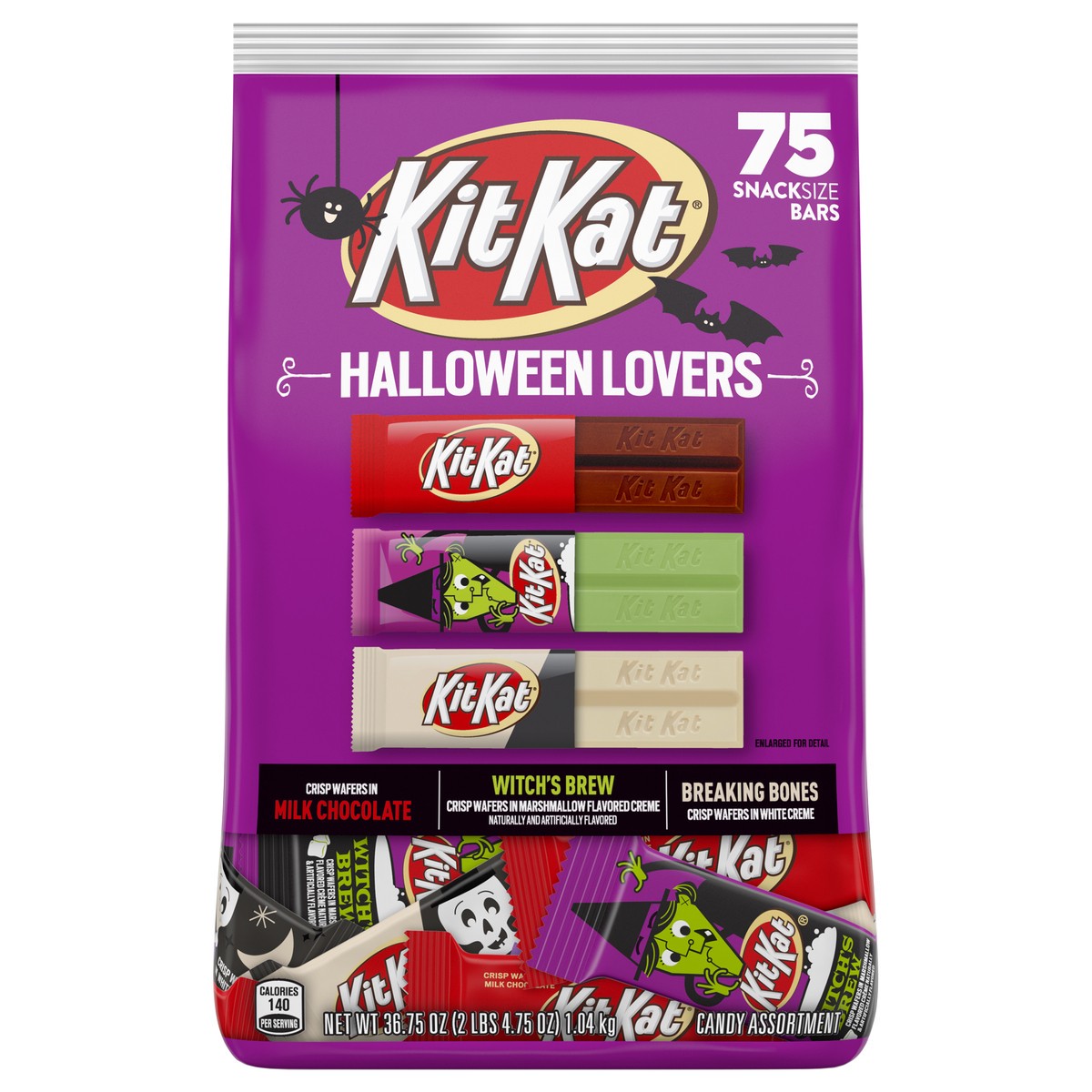 slide 1 of 8, KIT KAT Halloween Lovers Assorted Milk Chocolate and Creme Snack Size Wafer Candy Bars, Halloween, 36.75 oz, Bulk Variety Bag (75 Pieces), 75 ct