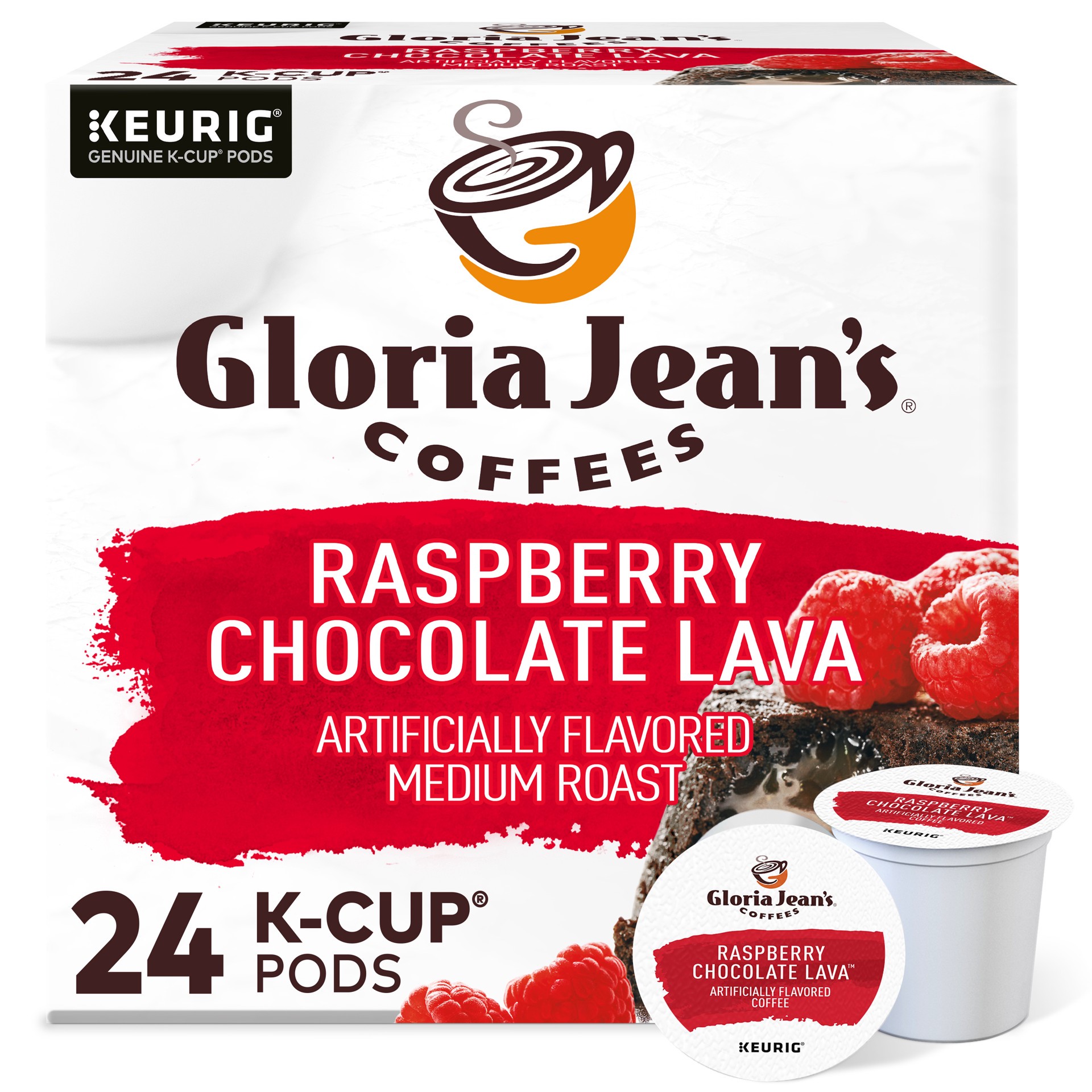 slide 1 of 5, Gloria Jean's Raspberry Chocolate Lava Keurig Single-Serve K-Cup Pods, Medium Roast Coffee, 24 Count, 24 ct
