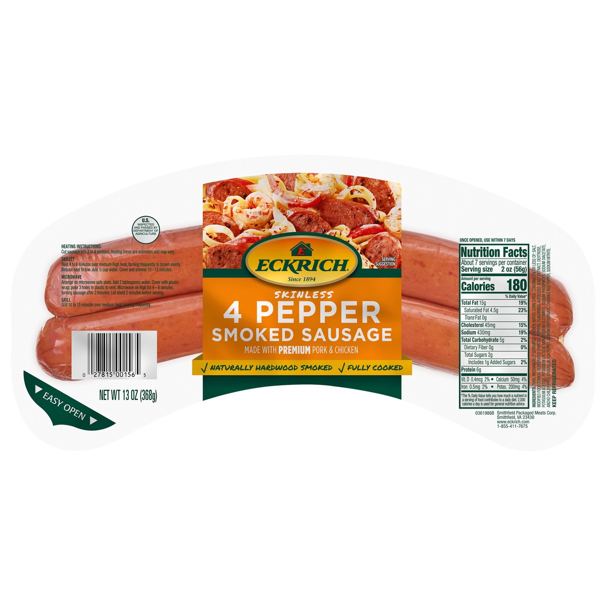slide 1 of 7, Eckrich 4-Pepper Skinless Smoked Sausage, 13 oz, 13 oz