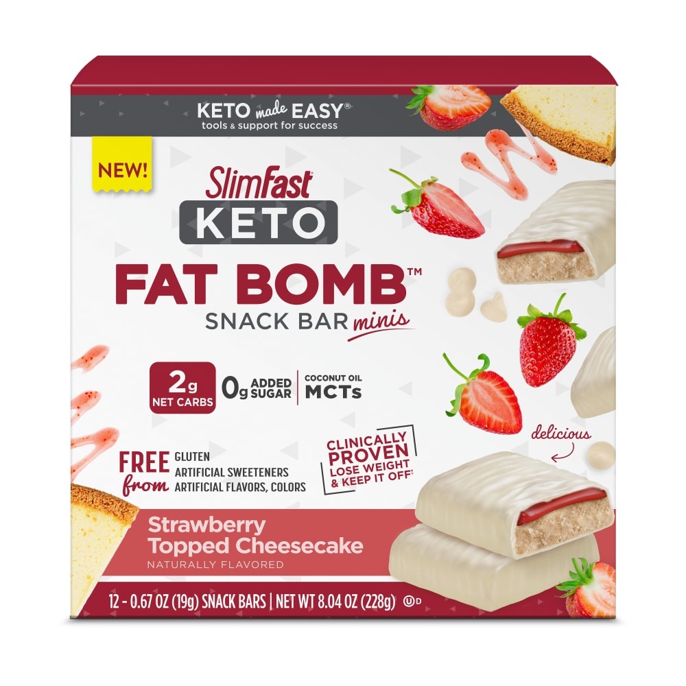 slide 1 of 1, SlimFast Keto Fat Bomb Snack Bar Minis Strawberry Topped Cheesecake Bars, 12 ct; 0.67 oz